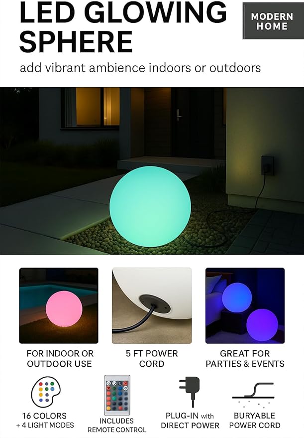 Modern Home Color-Changing LED Glow Ball - 16-Color Remote-Controlled Light Sphere w/Power Cord – Indoor/Outdoor Ambient Mood Lighting, Waterproof, Plug-in (12")