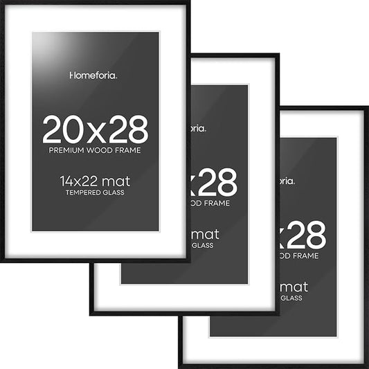 Homeforia 20x28 Black Wood Frame, High End Oak 20x28 Wooden Picture Frames with Mat 14x22 Photo, 20 x 28 Poster Frame Matted to 14 by 22 Print, 28x20 Hanging Frames, Tempered Glass, Wall Kit, Set of 3