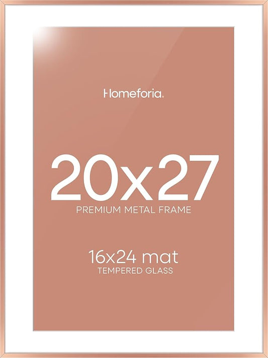 Homeforia 20x27 Picture Frame Rose Gold, High End Metal 20x27 Poster Frames with Mat 16x24 Photo, 20 x 27 Rose Gold Frame Matted to 16 by 24 Print, 27x20 Thin Frame, Tempered Glass, Wall Kit, Set of 1