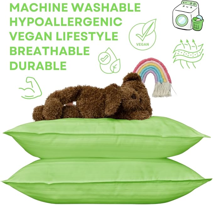 kinder Fluff Children Pillow (2Pack) 10x15in - First Pillow for Kids Age 2+, 100% Cotton Sateen Stripes Shell 300T, Down Alternative Fill, Machine Washable - Children & Travel Cushion - Green - XS