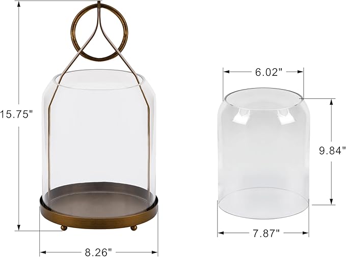 8" Wide Modern Hurricane Candle Holder with Handmade Scandinavian Glass Sleeve in Antique Brass for Pillar Candle & Plants, Hurricane Lantern Industrial, Minimalistic, Shabby Chic (1, Brass, 8"x16")