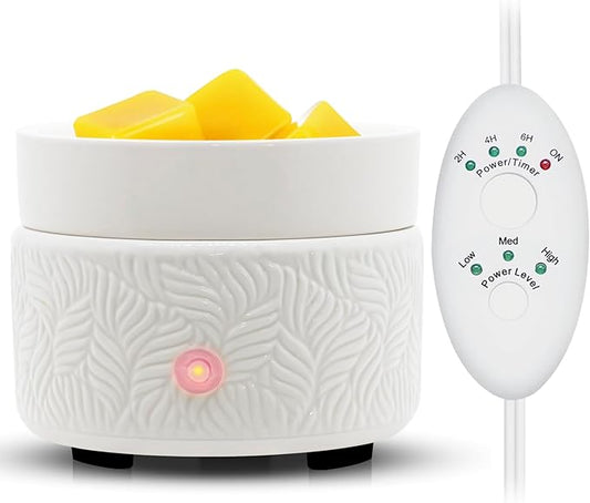 Candle Wax Melts Warmer Burner - Ceramic Essential Oil Warmer 3-in-1 candle warmer Timer Adjust Fragrance Intensity Auto Shut Off for Scented Wax Tart Cube Aromatherapy Home Office Bedroom Decor Gifts