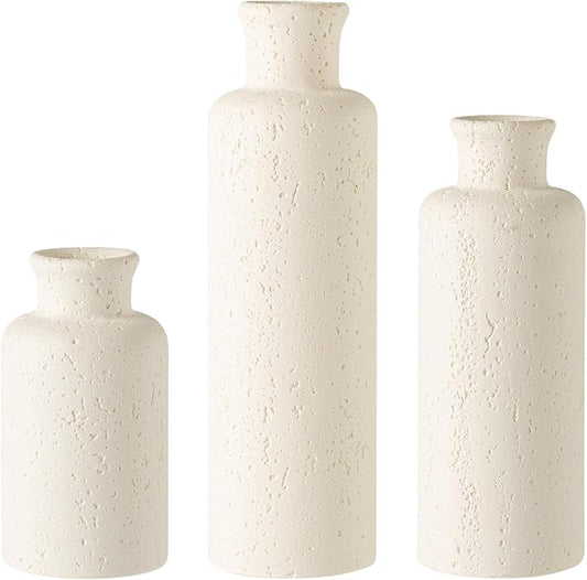 Flower Vase Set, Stone Look, 3 PCS Small Decorative Bud Vases for Pampas Grass, Farmhouse Decor, Kitchen, Living Room, Bathroom, Bedroom, Office, Shelf Centerpiece Table Decoration (White)