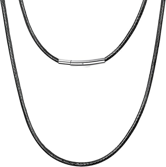 Leather Necklace Cord with Stainless Steel Clasp, Black/Brown Color Waterproof Wax Rope Chain 2mm 3mm Wide Braided Cord String Necklaces for Men Women 16"-30"