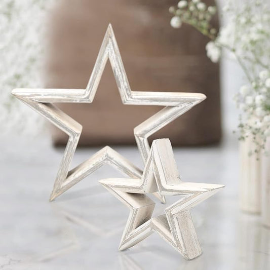 LOSOUR Set of 2 Decorative Objects Stars-Tiered Tray Decor, Coffee Table Decor, Shelf Decor Accents, Bookshelf Decor, Entry Table Decor, Desk Decor for Modern Farmhouse Decor (Washed White)