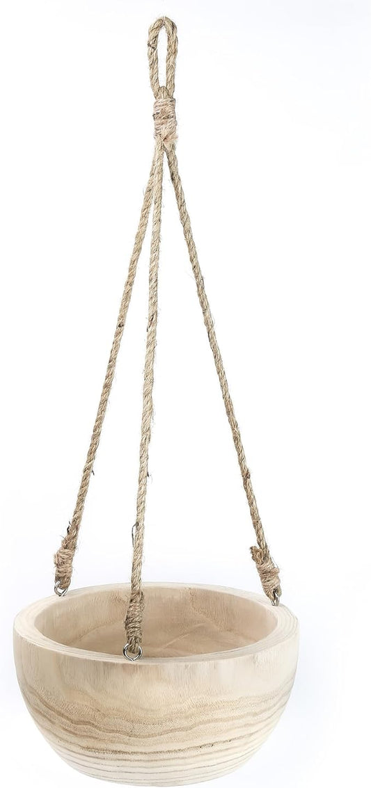 CYS EXCEL Large Wooden Hanging Planter Paulownia Wood Bowl Basket with Jute Rope for Indoor Plants Succulents