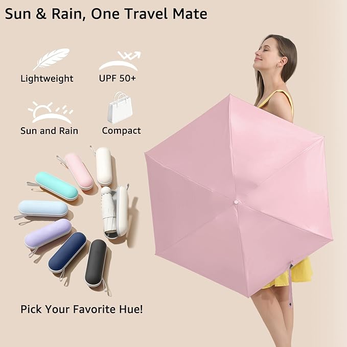 BAODINI Travel Mini Umbrella for Purse With Case Small Compact UV Sun Protection Sun Lightweight Tiny Pocket Manual Open Close Umbrella for Women Kids and Men