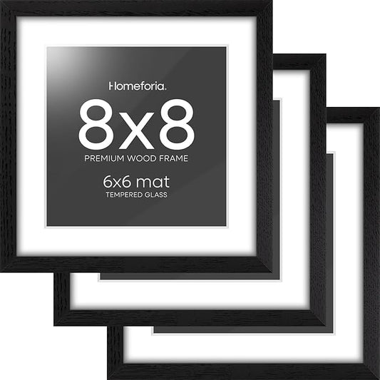 Homeforia 8x8 Picture Frame Black Wood, High-End Oak 8 x 8 Square Frames with Mat 6 by 6 inch Photo, 8x8 Wooden Frame Matted to 6x6 Art, 8by8 Wall or Tabletop Frame, Tempered Glass, Wall Kit, Set of 3