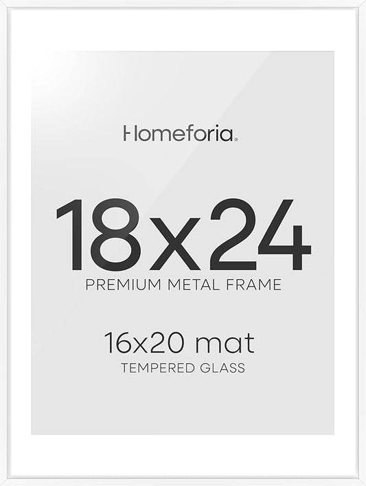 Homeforia 18x24 Poster Frame White, High End Metal 18 x 24 Picture Frames with Mat 16 by 20 inch Photo, 18x24 White Frame Matted to 16x20 Print, 24x18 Hanging Frame, Tempered Glass, Wall Kit, Set of 1