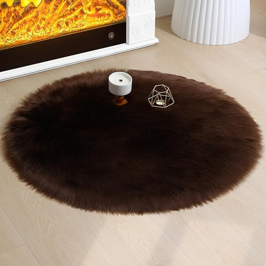 Faux Fur Rug Sheepskin Fuzzy Rug Super Soft Fluffy Plush Area Rug Bedroom Floor Children's Room Sofa Cushion Living Room Bedside Rugs (Coffee,3×3 ft Rotund)