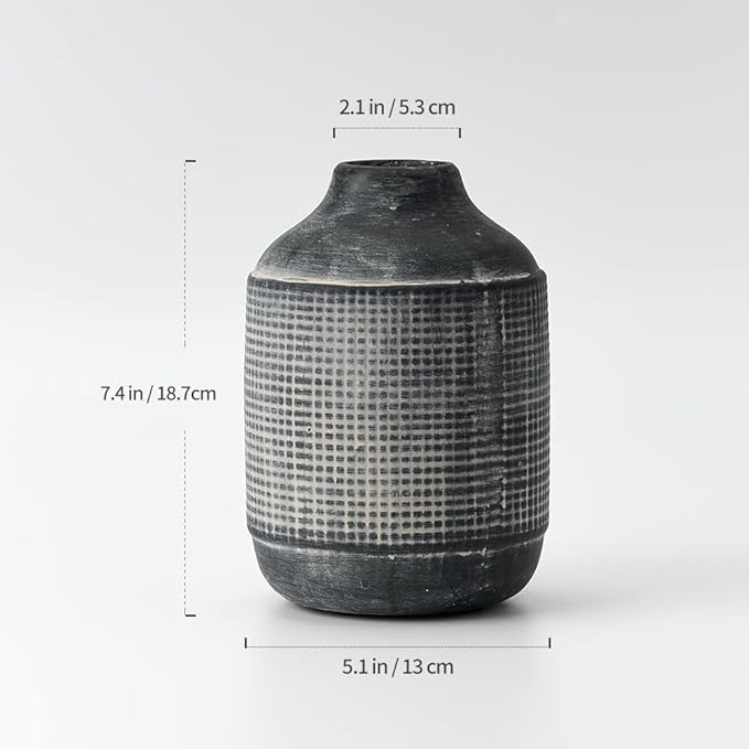 SIDUCAL Ceramic Rustic Farmhouse Vase, Sand Glaze Finish Boho Vase, Pottery Decorative Flower for Home Decor, Table, Living Room Decoration, Shelf Decor, Mantel, 7.4 Inch, Black