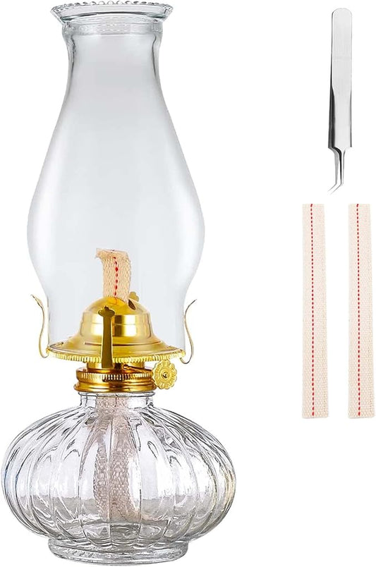 Large Oil Lamp for Indoor Use,Rustic Kerosene Lamp with 2 Pcs Wicks and 1 Tweezers,Glass Hurricane Lantern for Home Emergency Lighting (Clear)