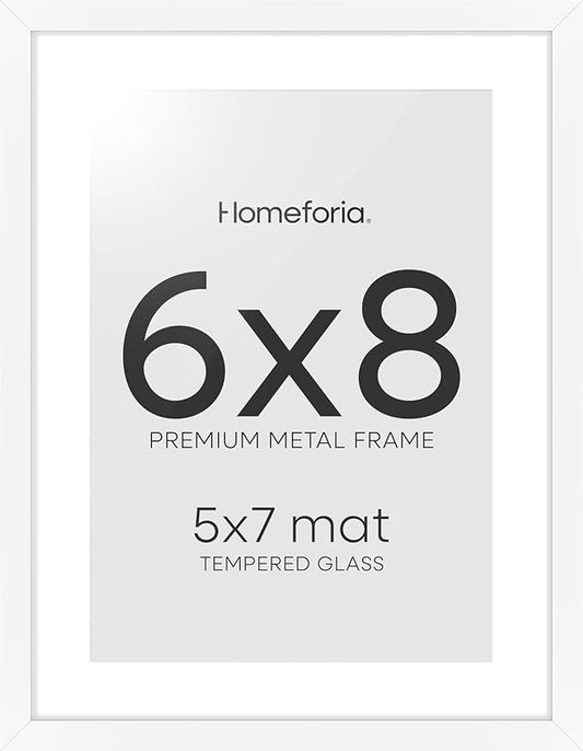Homeforia 6x8 Picture Frame White, High End Metal 6 x 8 White Frames with Mat 5 x 7 for Art, 8x6 Desk Frame Matted to 5x7 inch Photo, 6 by 8 Wall or Tabletop Frames, Tempered Glass, Wall Kit, Set of 1