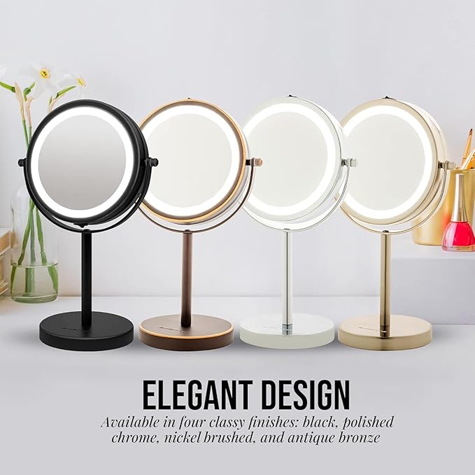 OVENTE 6" Lighted Makeup Mirror with 1X/7X Magnification, Cordless Tabletop Mount Vanity Round Mirror with 360° Swivel Design and Double Sided Cool Tone LED Ring Light, Polished Chrome MLT60CH1X7X