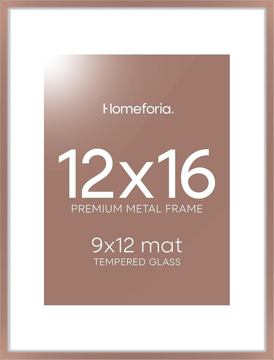 Homeforia 12x16 Picture Frame Mocha, High End Metal 12x16 Poster Frames with Mat 9x12 for Photo, 12 x 16 Mocha Frame Matted to 9 by 12 inch Print, 16x12 Thin Frames, Tempered Glass, Wall Kit, Set of 1