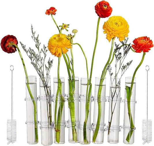8PCS Test Tube Vases Decorative Glass Flower Vase Hinged Flower Vases Planter Flower Arranging Container Hydroponic Flower Holder Decor with 15PCS Hooks and 2PCS Brushes (VASES- A)