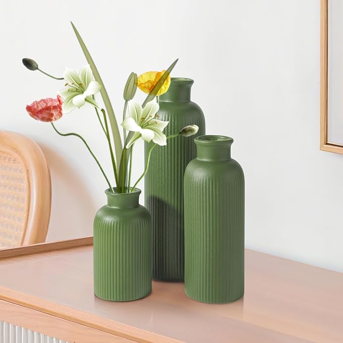 Small Sage Green Ceramic Vase Set of 3, Boho Modern Flower Vase Room Decor, Farmhouse Decor, Vases for Your Kitchen, Bathroom, Bedroom, Living Room, Office&Shelf Centerpiece Table Decorations