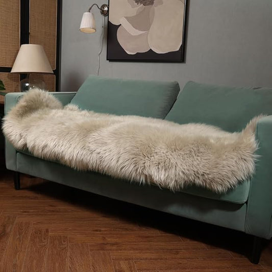 Premium Genuine Fur Sheepskin Rug Real Australia Sheepskin Natural Luxury Fluffy Lambskin Fur Area Rug Seat Covers for Kids Bedroom Sofa Chair Cover (Creamy Gray, Double Pelt/2ft x 6ft)