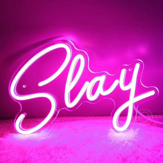 SYLHOME Pink Slay LED Neon Light Sign Cool Boys Girls Preppy Bedroom Game Play Room Desk Wall Decor Sign Club Pub Bar Man Cave Game Center Birthday Decoration USB 11.8" X 8"