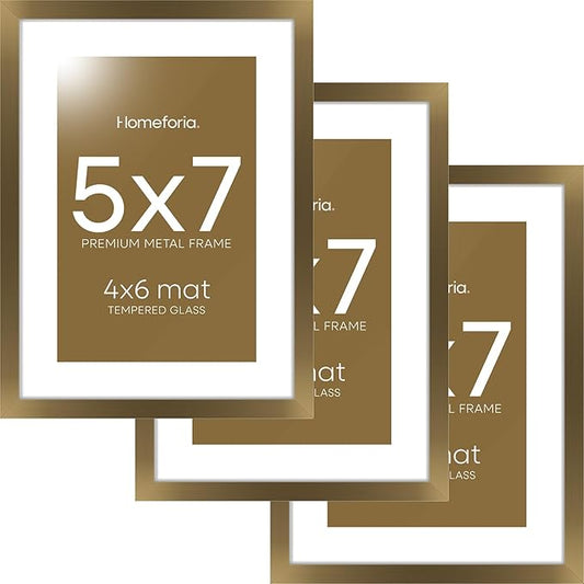 Homeforia 5x7 Picture Frame Bronze, High End Metal 5 x 7 Brass Frames with Mat 4 x 6 for Art, 5x7 Desk Frame Matted to 4x6 inch Photo, 5 by 7 Wall or Tabletop Frame, Tempered Glass, Wall Kit, Set of 3