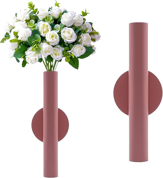 Adhesive Metal Wall Vase Holder - Decorative Tube for Dried/Faux Floral Display, Rust-Resistant Home & Office, Dining Room Also Suitable for Cemetery Memorial Display Decor (1 Pcs Pink)