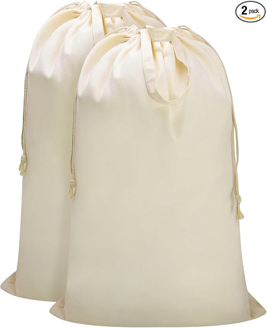 Canvas Laundry Bag with Handles & Drawstring 23.6"x35", Hanging Dirty Clothes Travel Bag, Heavy Duty Washable Laundry Sack (NOT Hamper Liner) - 2 Pack