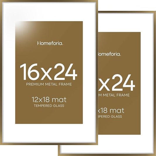 Homeforia 16 x 24 Bronze Frame, High End Metal 16x24 Brass Picture Frames with Mat 12x18 Photo, 16 x 24 Poster Frames Matted to 12 by 18 Print, 24x16 Hanging Frames, Tempered Glass, Wall Kit, Set of 2