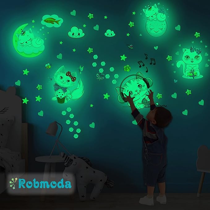 Glow in The Dark Stars for Room,Cats Glowing Wall/Ceiling Decals, Kitten Butterflies Stickers for Kids Bedroom, Clouds Bees Luminous Wall Decor for Boy and Girl Living Room