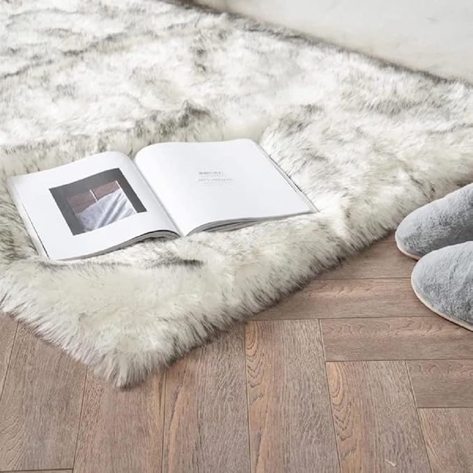 White and Grey Ultra Soft Faux Fur Shaggy Runner Rug 2x6 for Nursery Teen Room Dormitory Living Room Washable Furry Area Rug Décor