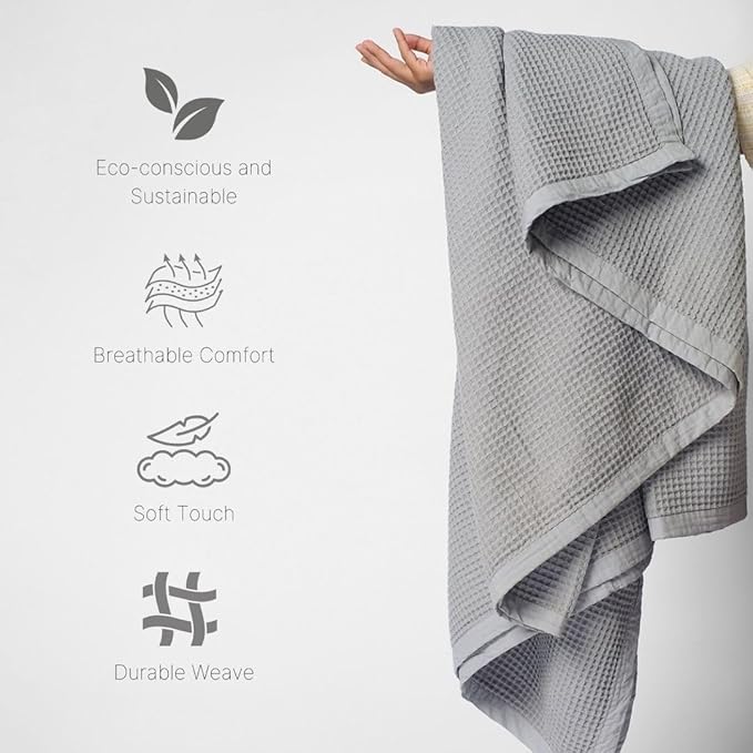 GOTS Certified Organic Cotton Waffle Weave Blanket, Queen Bed Size, 90"X90"Cozy Throw Blanket for Couch, Modern Home Decor, Throw Blankets,Waffle Blanket, Soft Bed Blankets -Scottish Grey