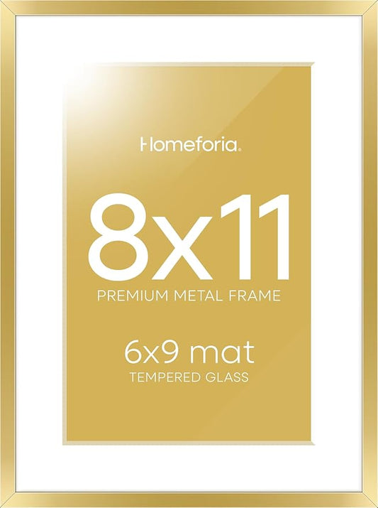 Homeforia 8x11 Picture Frame Gold, High End Metal 8 x 11 Poster Frames with Mat 6 by 9 for Photo, 11x8 Frame Matted to 6x9 inch Print, 8by11 Wall or Tabletop Frames, Tempered Glass, Wall Kit, Set of 1