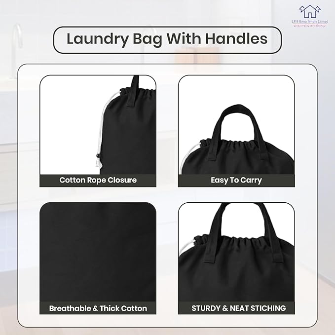 LFH Home Large Premium 1pack Cotton Canvas Laundry Bag with Drawstring and Handles Heavy Duty, Multi-Use, and Washable for Home, Travel, College or Storage 24x36-Black