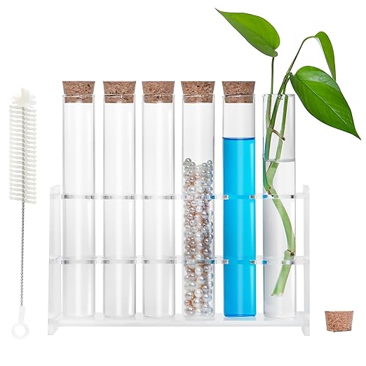 6pcs 100ml Glass Test Tube with Cork Stopper, 30 x 200mm Flat Bottom Storage Tube with Cap, 6 Holes Acrylic Rack, Plant Propagation Vase Set for Scientific Experiments Lab Candy Party Decor