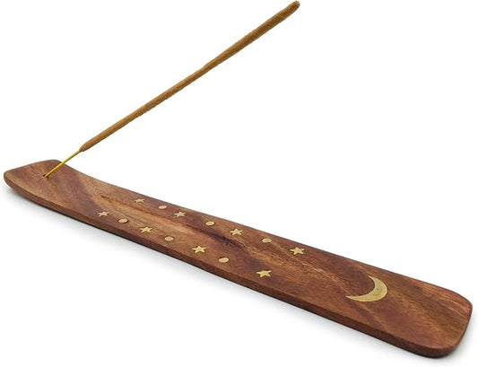 Moon and Stars Incense Holder - Wooden Ash Catcher with Celestial Design for Single Incense Sticks - Meditation Accessories, Spiritual Decor, Home Fragrance, Room Decor (10 Inches Long)