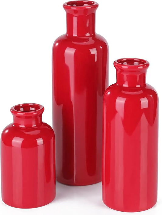 Small Ceramic Vase Set of 3, Boho Modern Flower Vase Room Decor, Farmhouse Decor, Vases for Your Kitchen, Bathroom, Bedroom, Living Room, Office&Shelf Centerpiece Table Decorations, Red