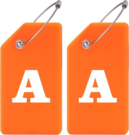 Gostwo 2 Pack Silicone Luggage Tags for Suitcases, 26 Initial Letter Baggage Labels Handbag School Bag Suitcase Instrument Tag with Stainless Steel Loop(Orange)(Letter A)