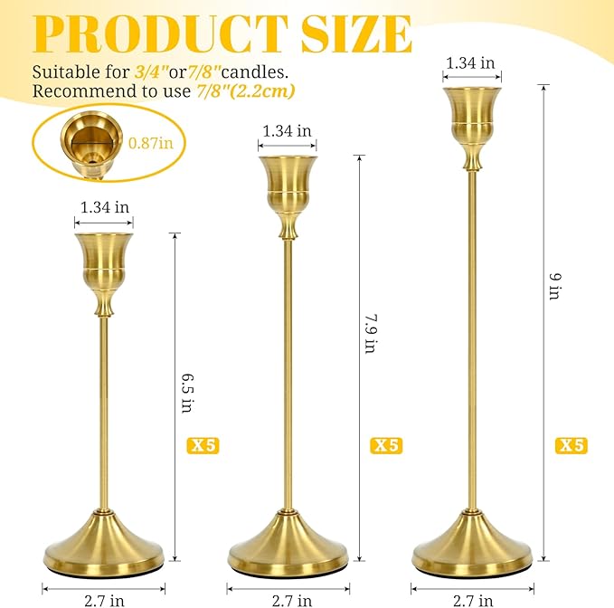 Candlestick Holders 15 PCS, Metal Taper Candle Holder, Brass Gold Candle Holders for Pillar Candles, Vintage Dining Table Centerpiece Decorations for Wedding Party Christmas Halloween Decor