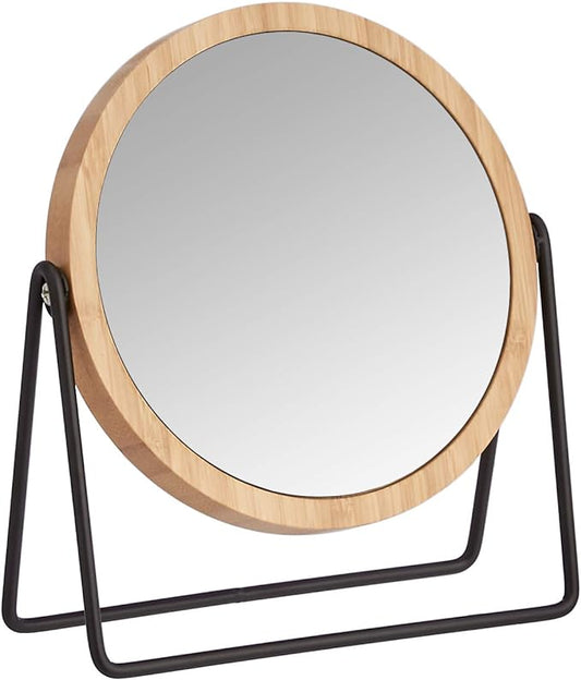 Amazon Basics Vanity Round Tabletop Mirror with Bamboo Rim, Double Sided Magnifying, 360° Rotation, Black, 7.2"L x 2.87"W