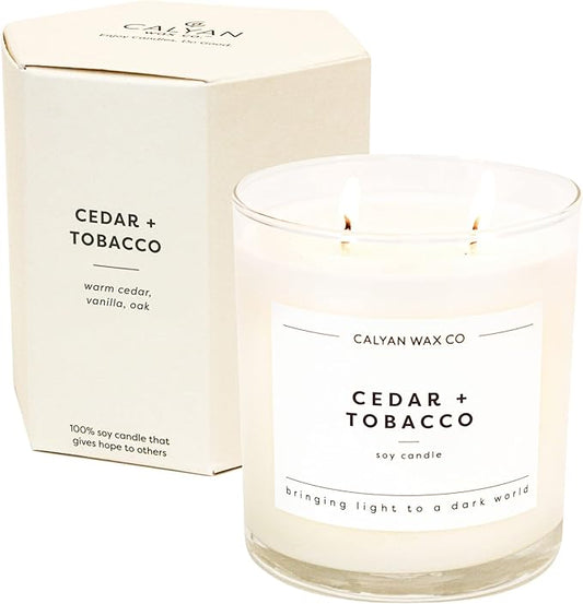 Calyan Wax Co. Cedar & Tobacco 2 Wick Scented Candle - 37 Hour Burn - Luxury Non Toxic Soy Wax Candles - Long Lasting Large Glass Jar Candle for Home - 8.8oz