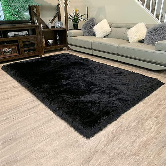 LAMBZY High Pile Super Soft Faux Sheepskin Rug (Black, 3'x5')