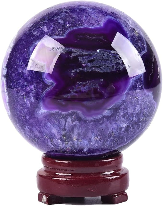 JIC Gem 2.7-3.1 inch(70-80mm) Large Purple Moss Agate Crystal Sphere Quartz Crystal Ball with Stand Healing Ornament Witchcraft Meditation Decor