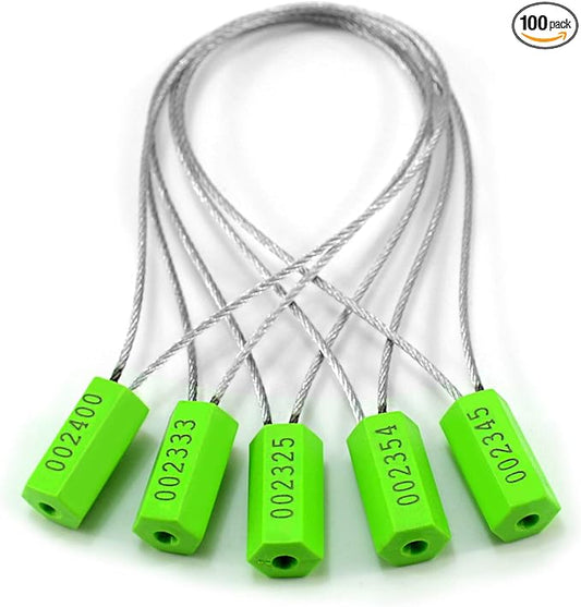 Leadseals(R) 100 Security Cable Seals Numbered Security Tags Tamper Proof Tags Pull Tight Steel Wire Seals for Truck, Trailers, Cargo, Containers, Vans, Oil Tank, Milk Vehicle (Green, Pack of 100pcs)