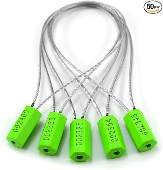 Pull-Tite Steel Security Cable Wire Seals - Numbered Anti-Tamper for Freight Containers, Truck Trailers - Metal Tags-Ties (Green, Pack of 50pcs)