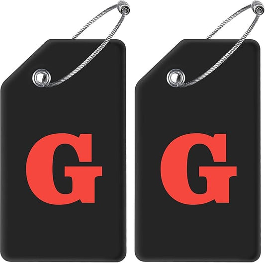 Gostwo 2 Pack Silicone Luggage Tags for Suitcases, 26 Initial Letter Baggage Labels Handbag School Bag Suitcase Instrument Tag with Stainless Steel Loop(Black)(Letter G)