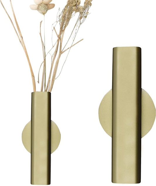 7" Wall-Mounted Flower Tube, Top/Bottom Open Vase, Wall Metal Flower Tube Decoration Holder for Flower Display, Home Office Living Room Bedroom Decoration with Adhesive Material, 2pcs(Gold)