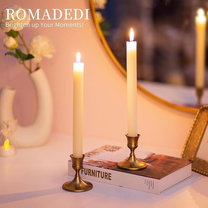 Romadedi Gold Candlestick Candle Holders for Taper, 2 PCS Gold Brass Color Candle Stick Candle Holder for Table Centerpiece, Wedding Reception, Festive Christmas Mantel Decoration or Home Decor