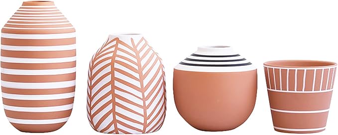 Stephanie Imports Boho Brown Terracotta Vase With Hand-Painted Matte White Design (Horizontal Print)