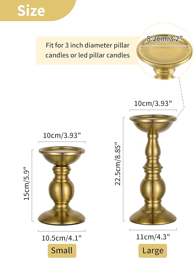 NUPTIO Pillar Candle Holder Brass: Gold Tall Candles Stand for Christmas New Year Party Centerpiece - Large Metal Candleholder Decorative for Table Fireplace Decor(2 x L)