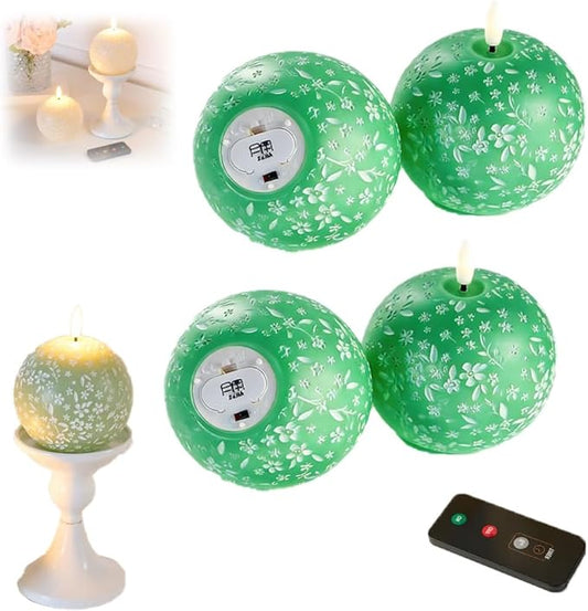 Flameless Spring Carved Spheres, Flameless LED Candles with Remote Control & 6-Hour Timer, Carved Sphere Design for Romantic Ambiance, Cozier Glow Candles for Valentine's Day, Wedding