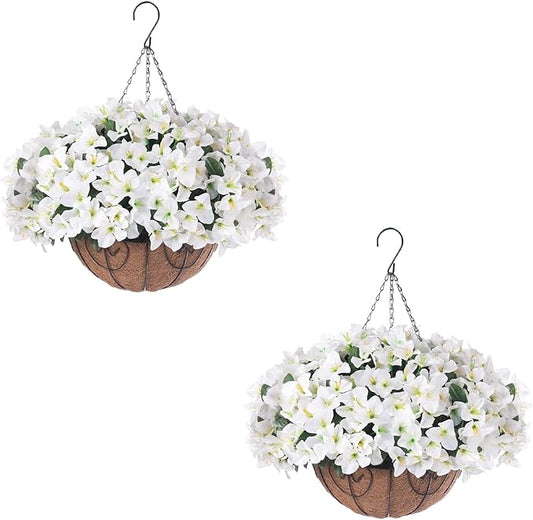 Hanging Planters with Plant Hangers for Indoor Outdoor Decor 2 Pack Artificial White Bougainvillea 30CM Half-Round Coconut Fiber Wall-Mounted Hanging Baskets with Sturdy Iron Chain and Frame
